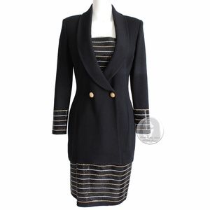 St John Evening Suit Jacket Skirt 2pc Set Embellished Knit Black Gold White Sz 6